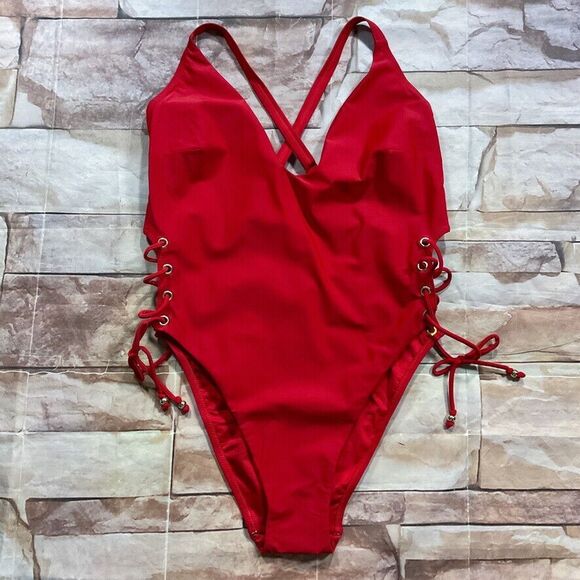 City Chic Womens Swimsuit siz 18 new nwt Lace Up One Piece Red Cherry High Leg - Picture 4 of 12
